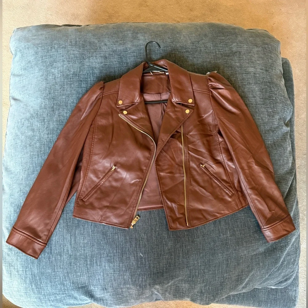 NWT Chico’s moto faux leather cropped jacket in Cambridge brown size 1 - Picture 1 of 7